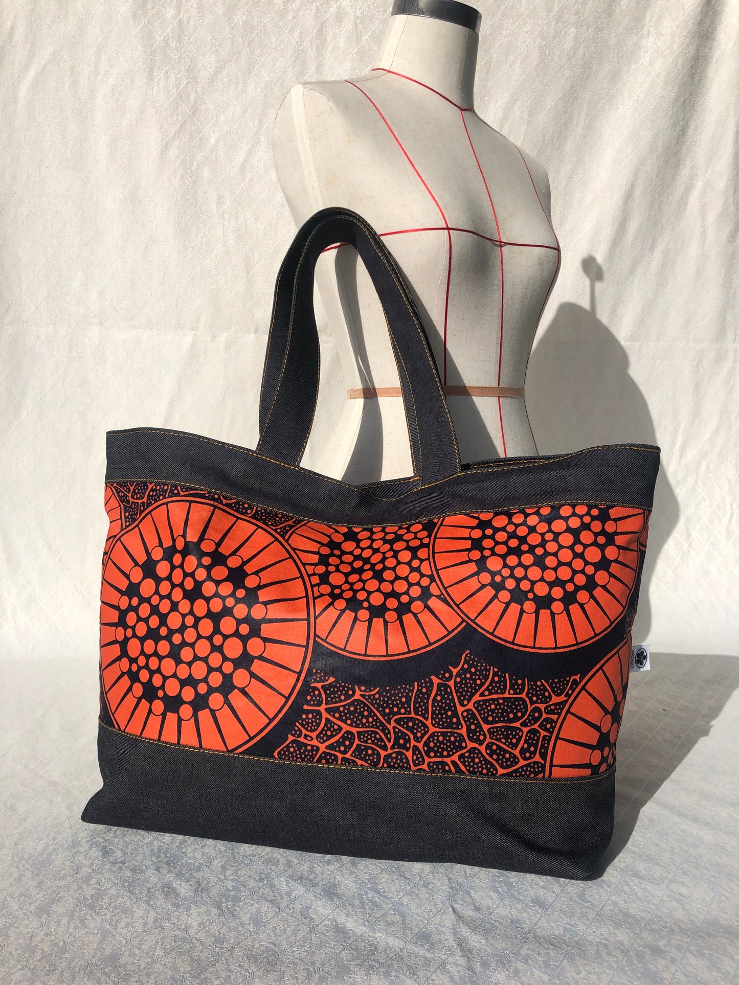 Day Cargo Tote - Japanese Denim + African Wax Print (Orange Citrus)