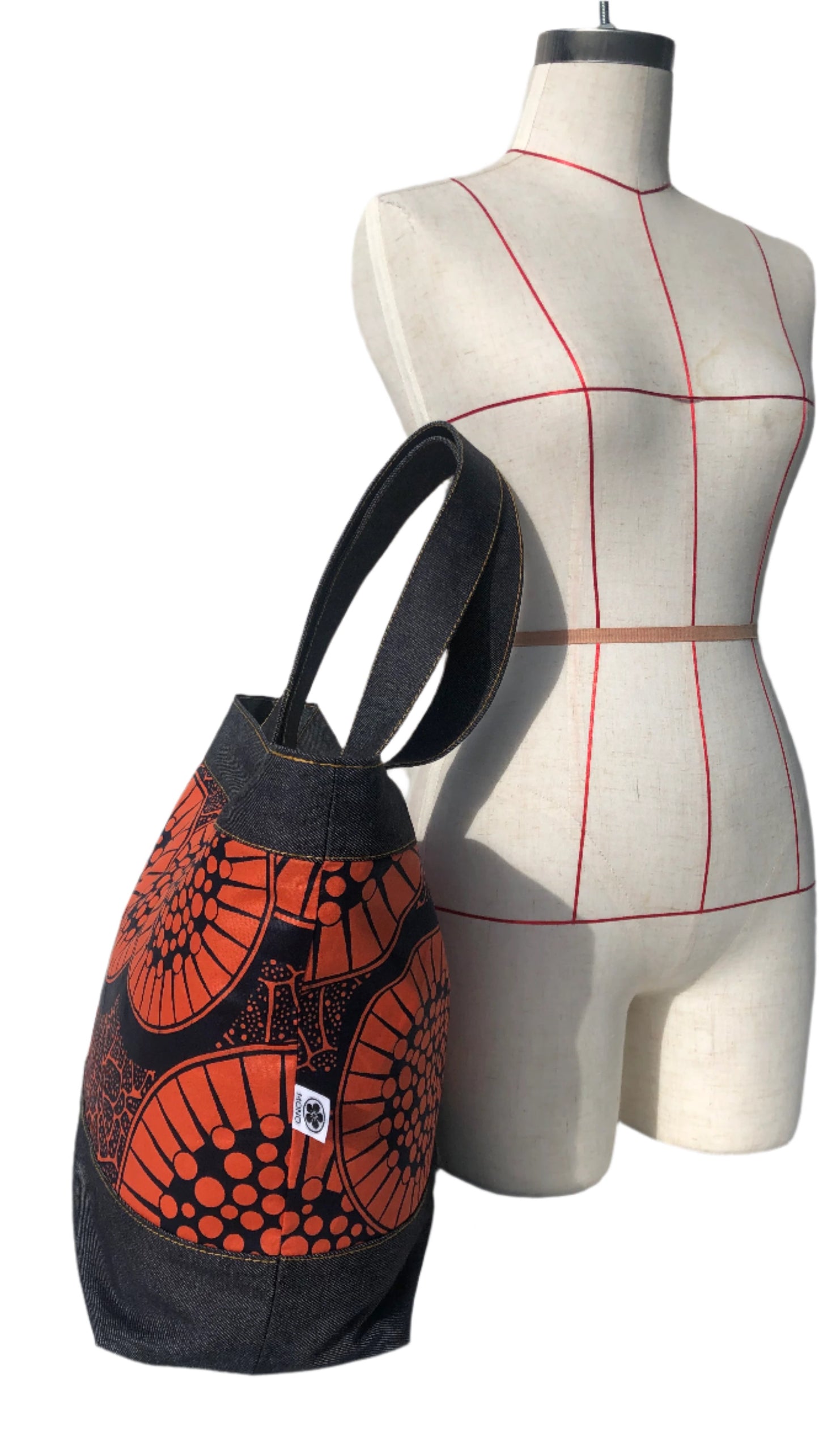 Day Cargo Tote - Japanese Denim + African Wax Print (Orange Citrus)