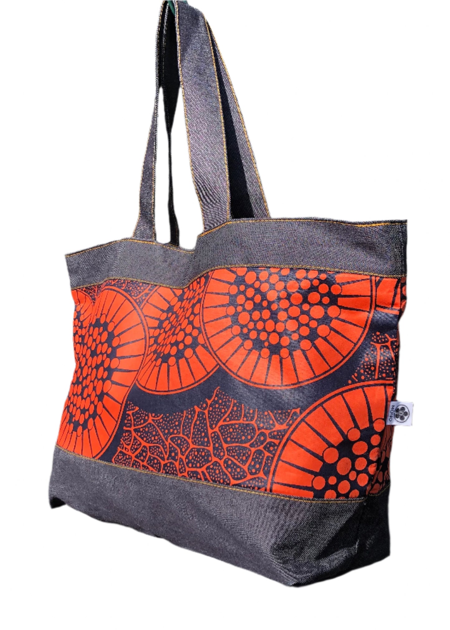 Day Cargo Tote - Japanese Denim + African Wax Print (Orange Citrus)