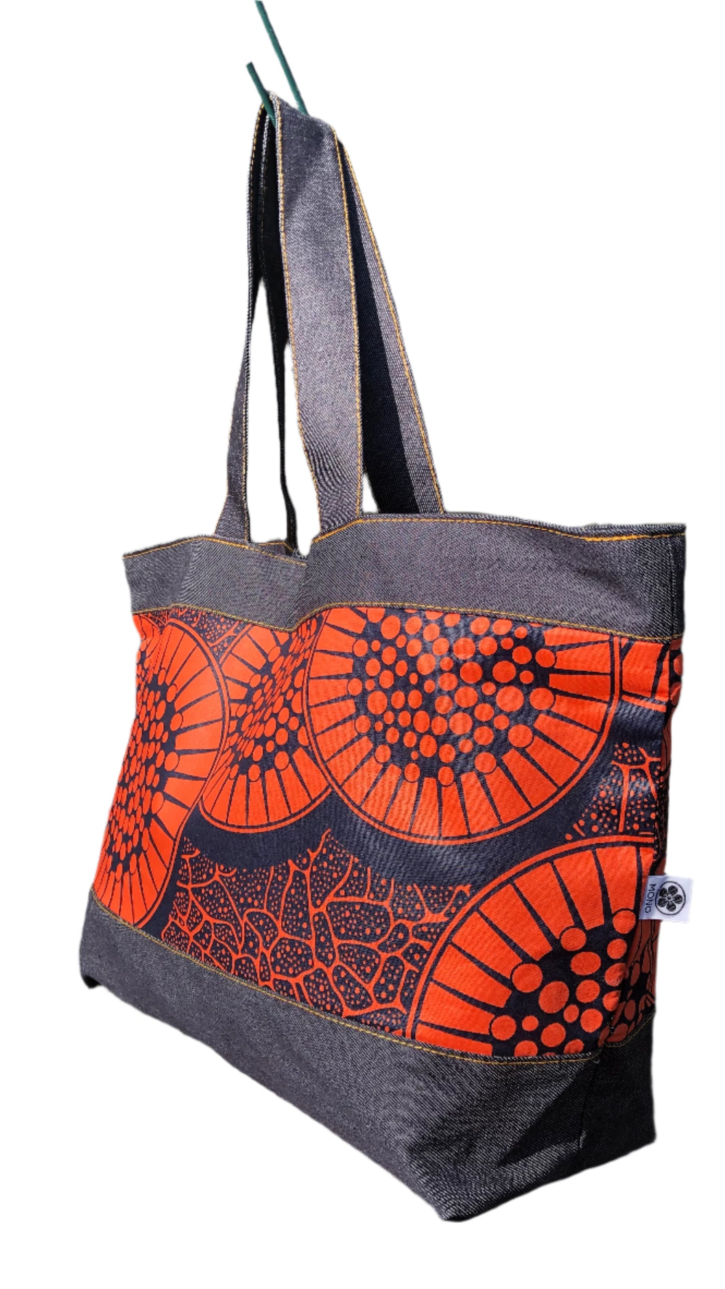 Day Cargo Tote - Japanese Denim + African Wax Print (Orange Citrus)