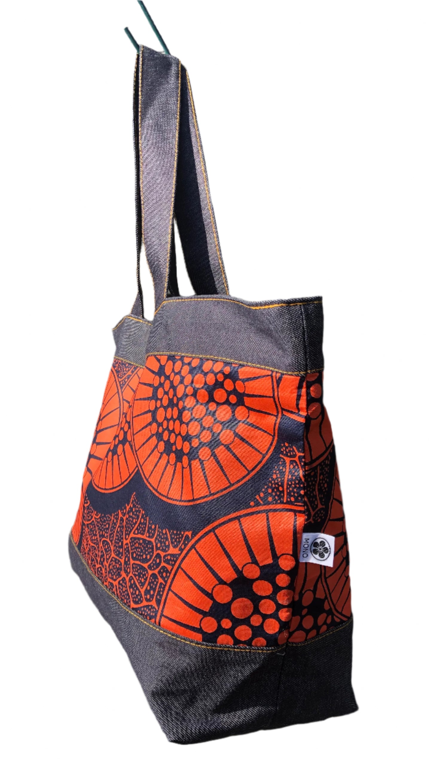 Day Cargo Tote - Japanese Denim + African Wax Print (Orange Citrus)