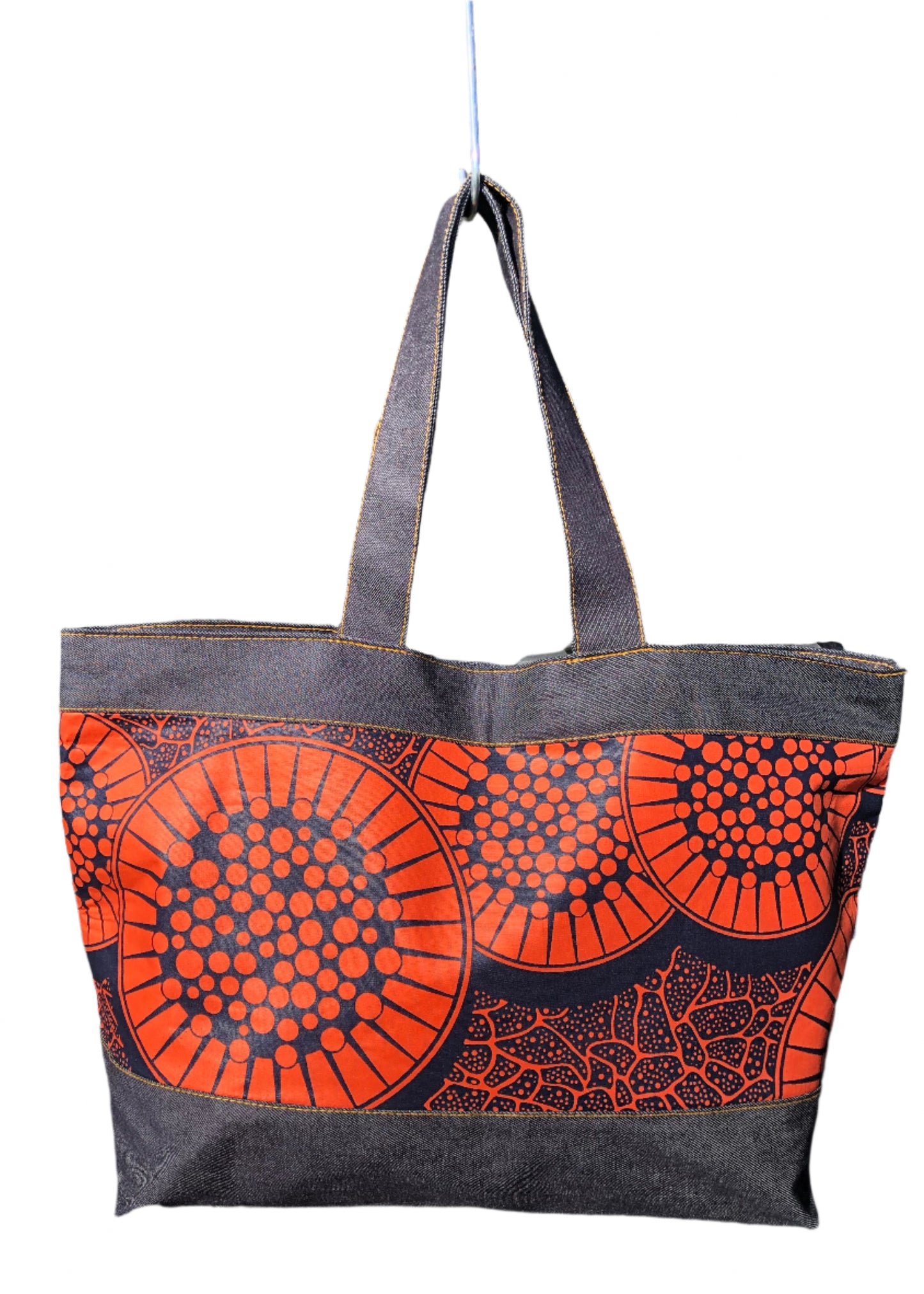 Day Cargo Tote - Japanese Denim + African Wax Print (Orange Citrus)